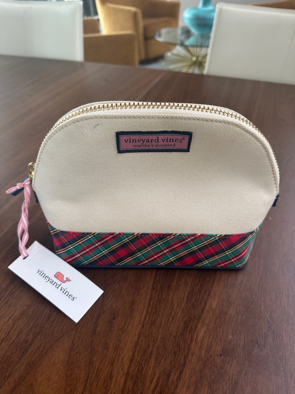 Vineyard Vines Cream Canvas Cosmetic Pouch with Red & Green Plaid Trim